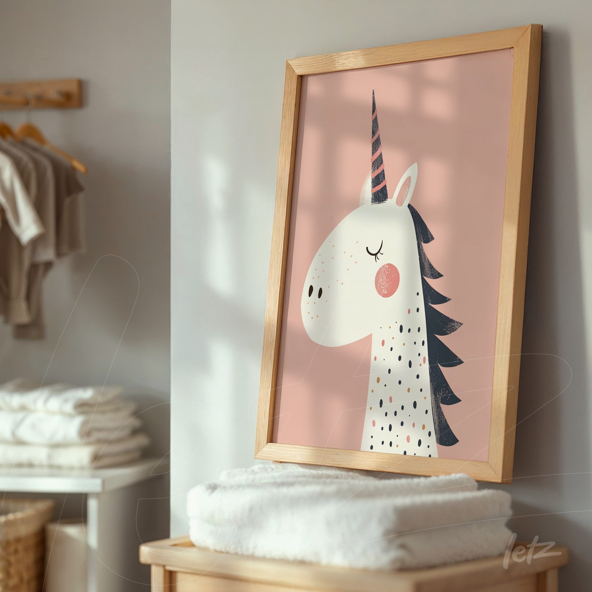 framed wall art featuring a unicorn illustration against a soft pink background