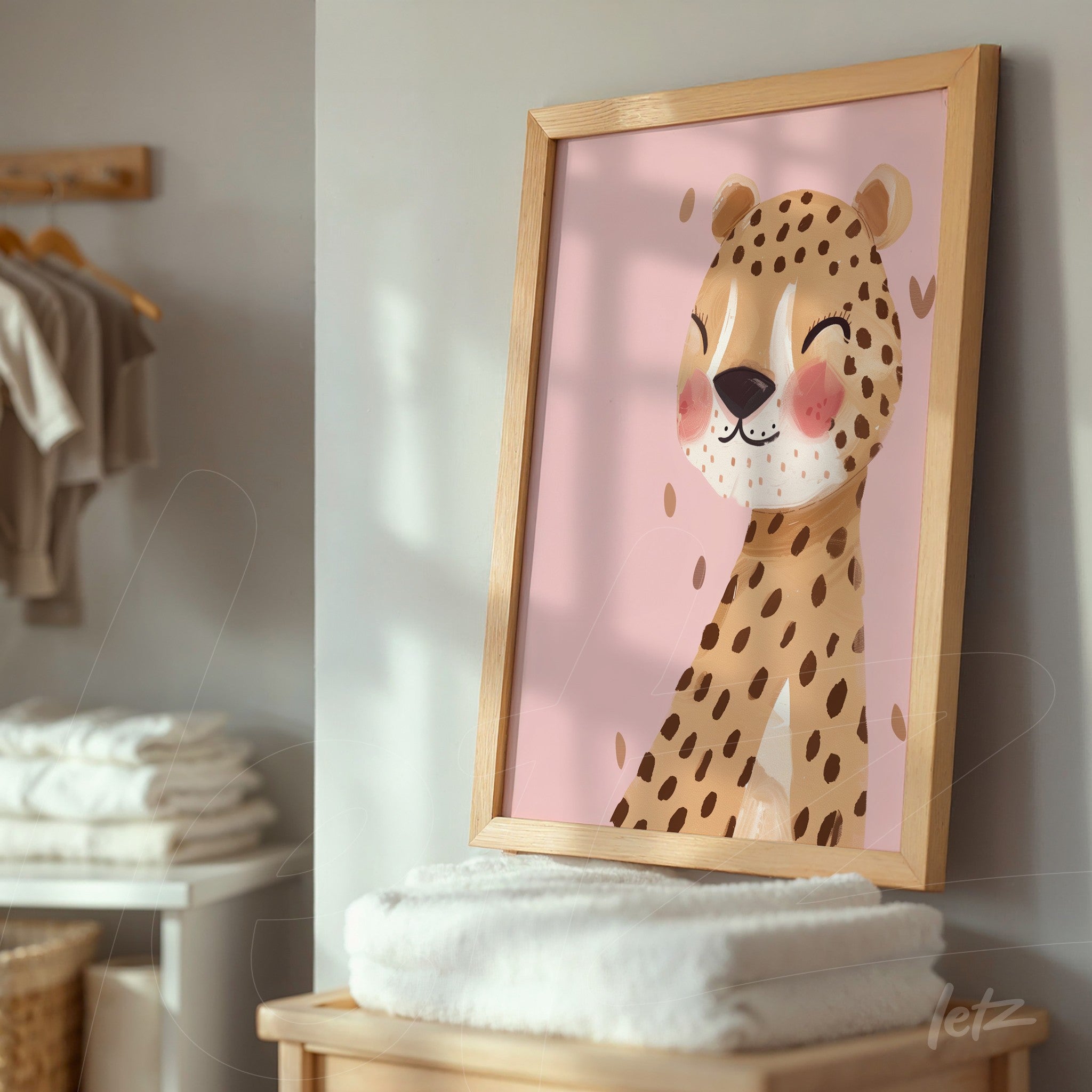 framed artwork of a smiling leopard with light wood frame and pink background