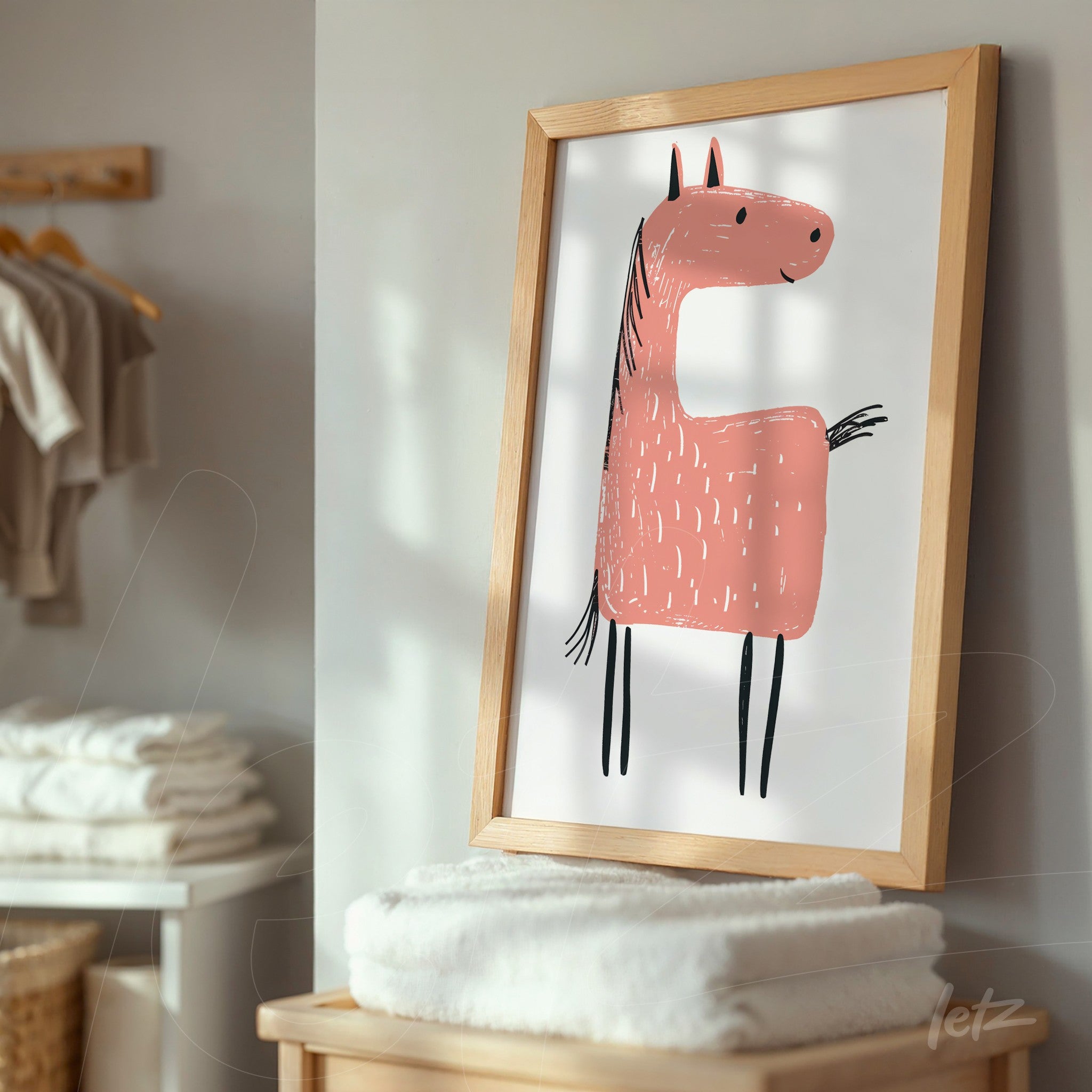 framed artwork featuring a playful pink horse illustration with light wooden frame