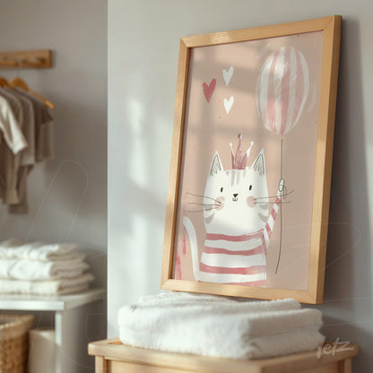 framed artwork of a cute cat holding a balloon at a party with a light wood frame