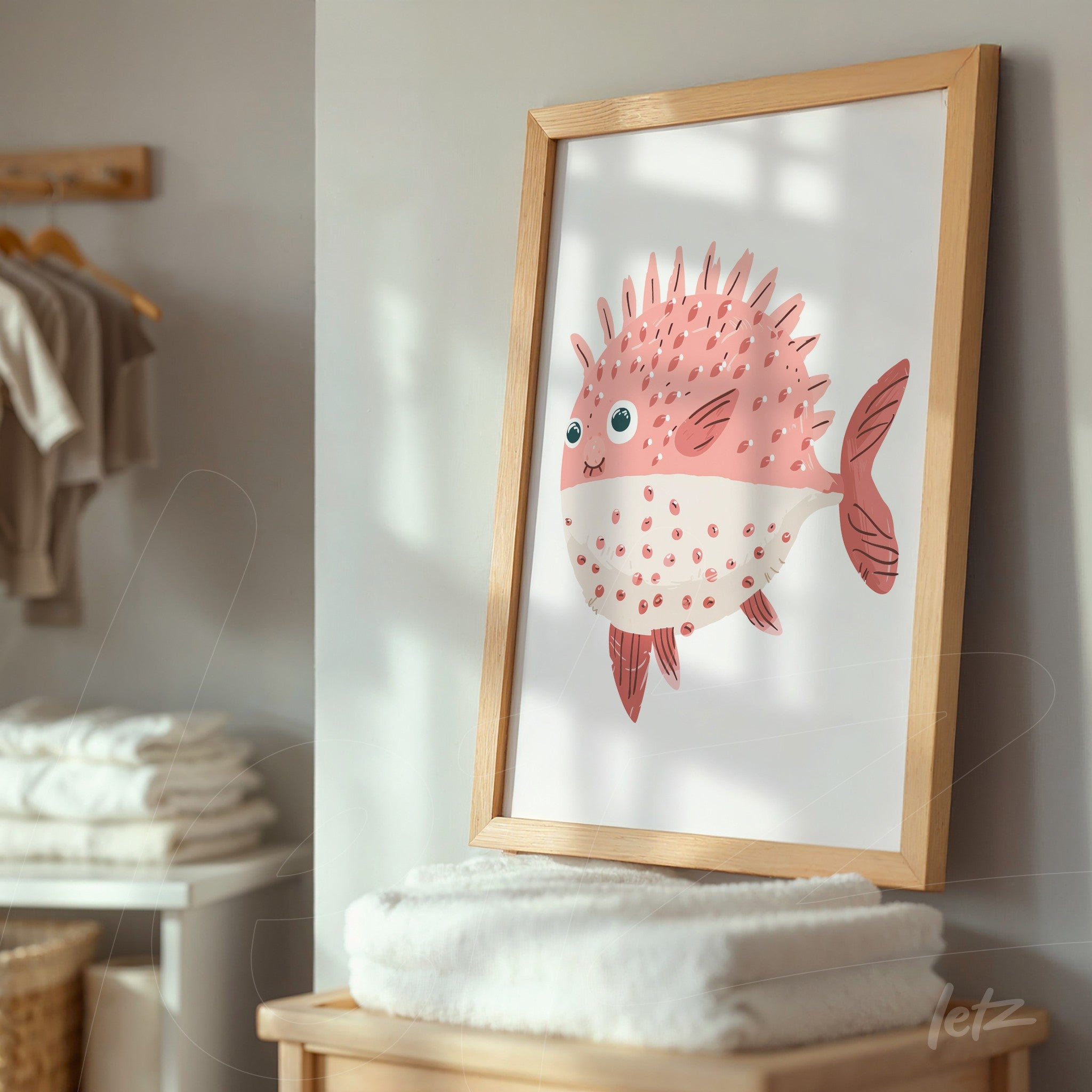 framed wall art featuring a pufferfish illustration with light wood frame against a neutral background