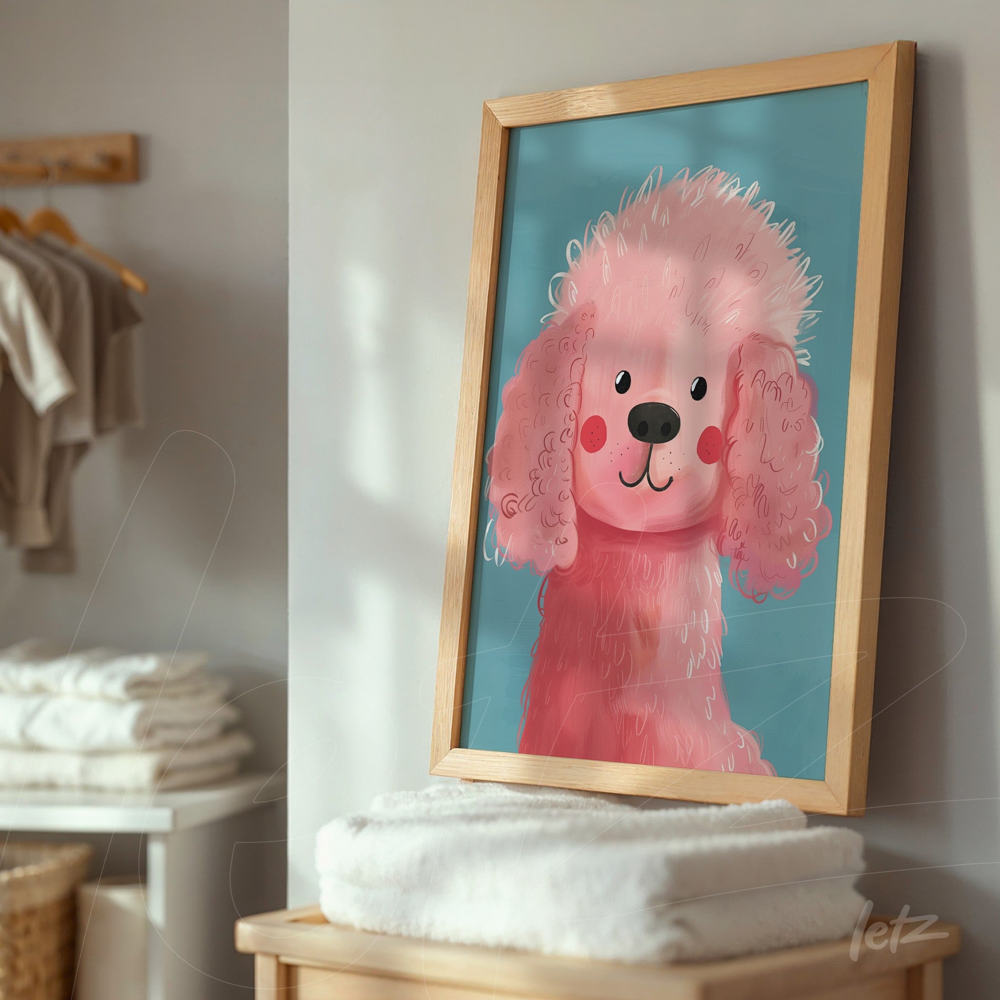framed wall art featuring a pink poodle illustration in a light wood frame, leaning on a shelf with white towels