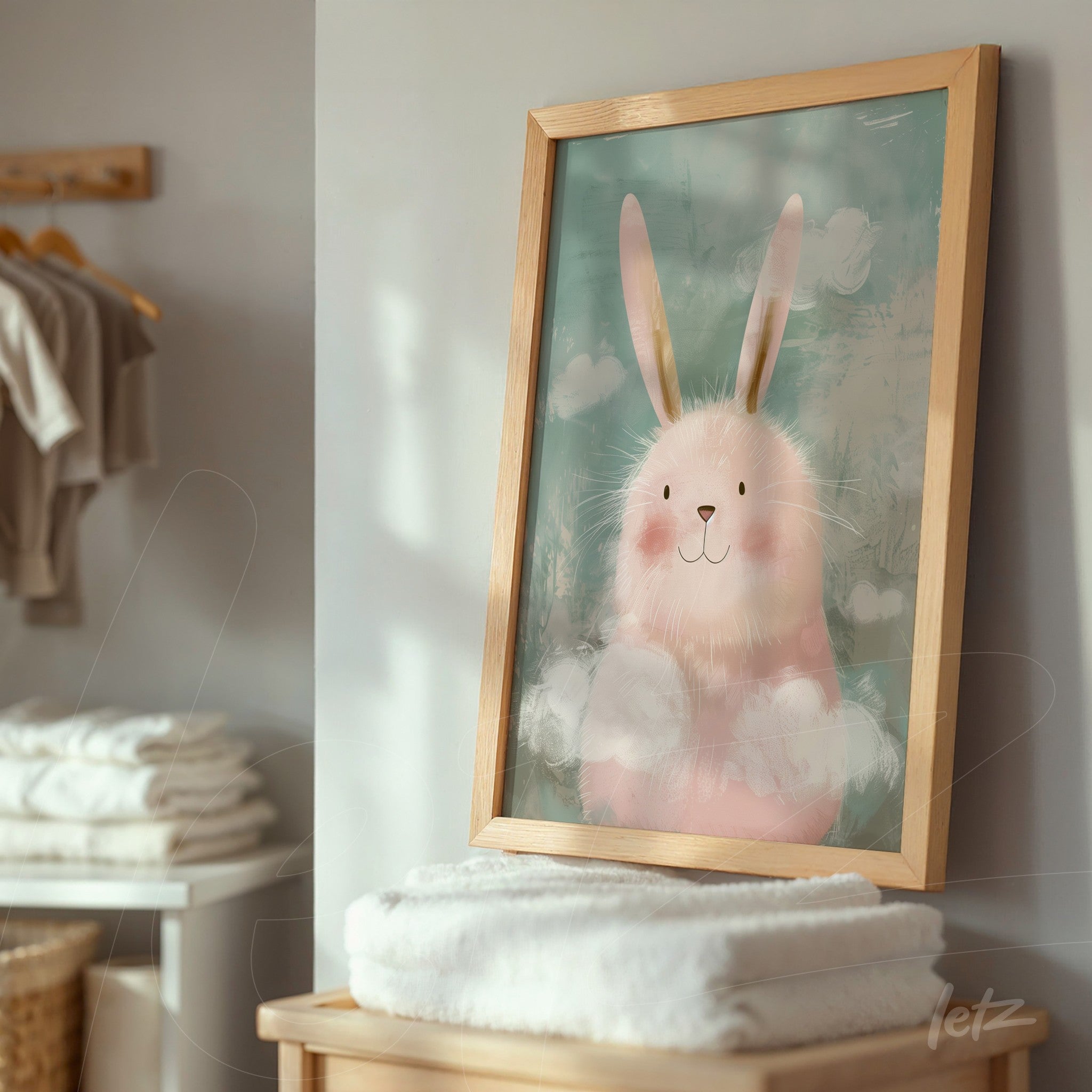 framed wall art featuring a cute pink rabbit against a blue background with a light wooden frame