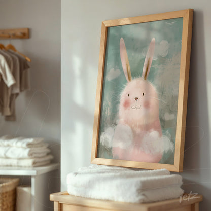 framed wall art featuring a cute pink rabbit against a blue background with a light wooden frame