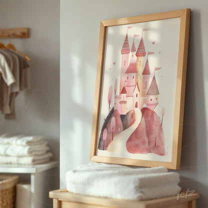 framed illustration of a whimsical castle in pastel colors displayed on a wooden surface
