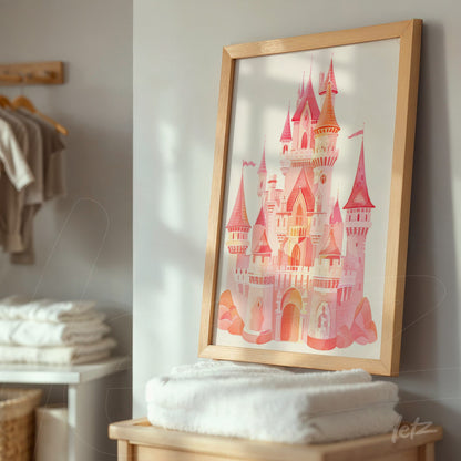 framed artwork of a pink castle in light wood frame, displayed on a stand with stacked towels