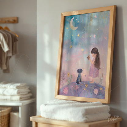 framed children's art of a girl holding a bird next to a dog with a light wood frame