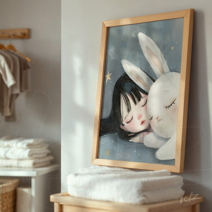 framed digital art of a sleeping girl next to a white rabbit with a light wood frame