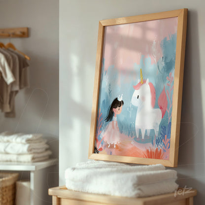 framed artwork featuring a whimsical illustration of a girl in a pink dress interacting with a white unicorn, light wooden frame in a cozy setting