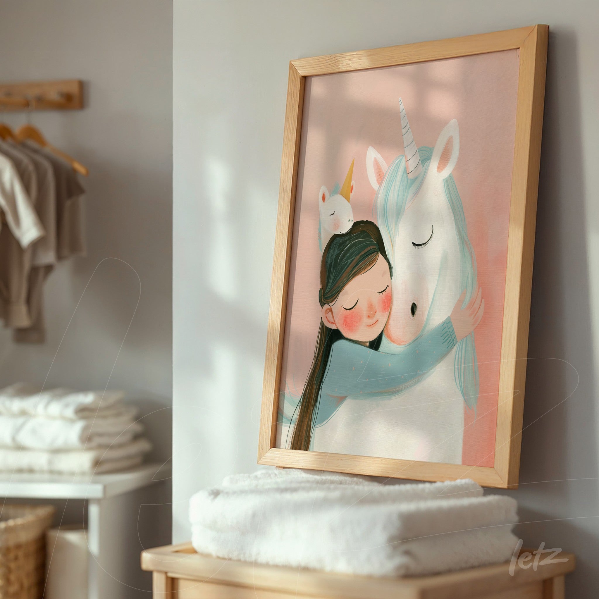 framed art with a cute illustration of a girl hugging a unicorn against a soft pink background