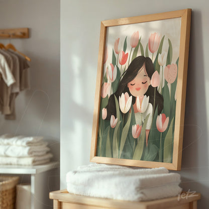 framed art featuring a smiling girl amidst a field of tulips with light wood frame