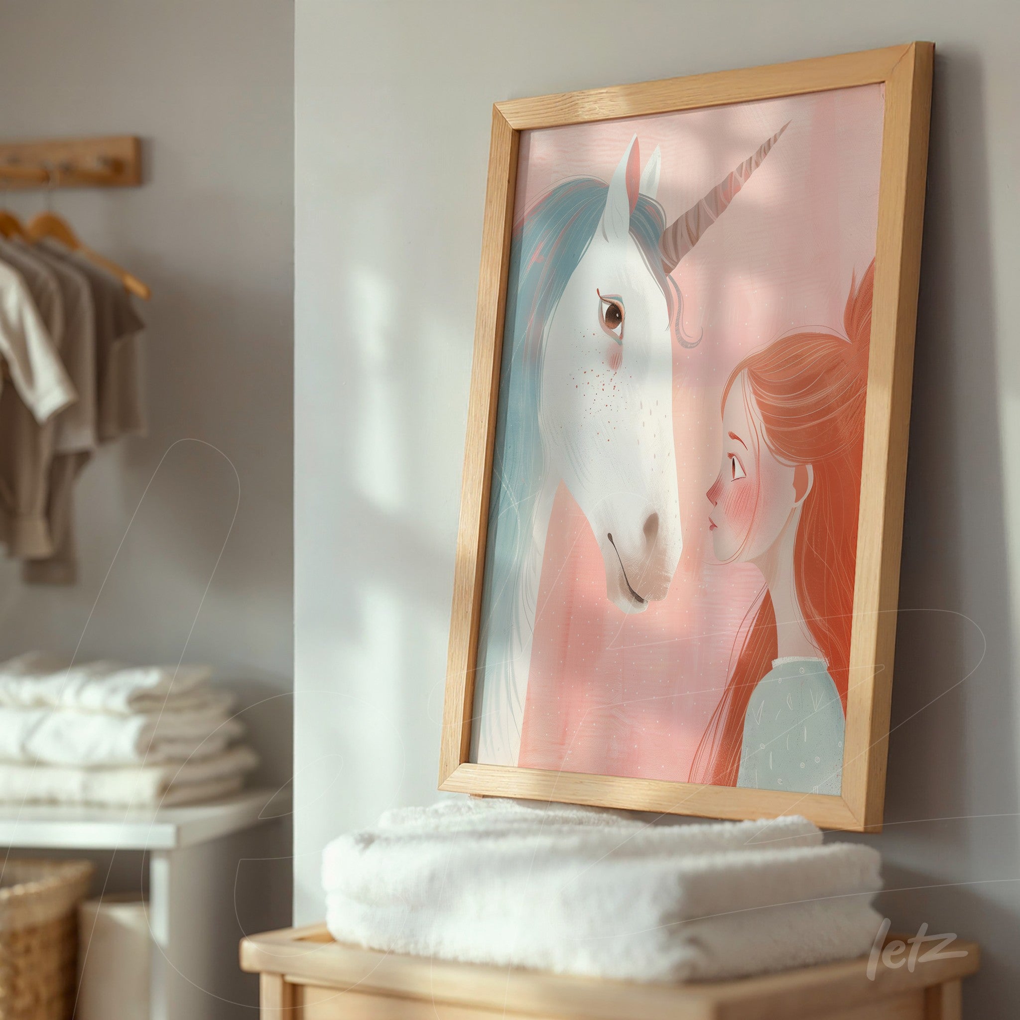 framed art featuring a unicorn and a young girl with a light wood frame