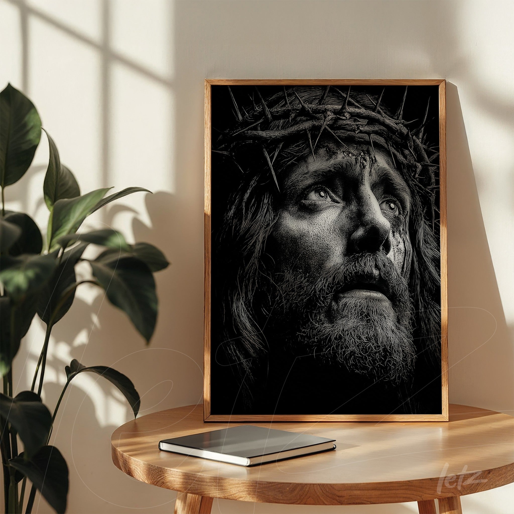 framed black and white portrait of a religious figure wearing a crown of thorns, displayed in a bright natural setting with light shadows