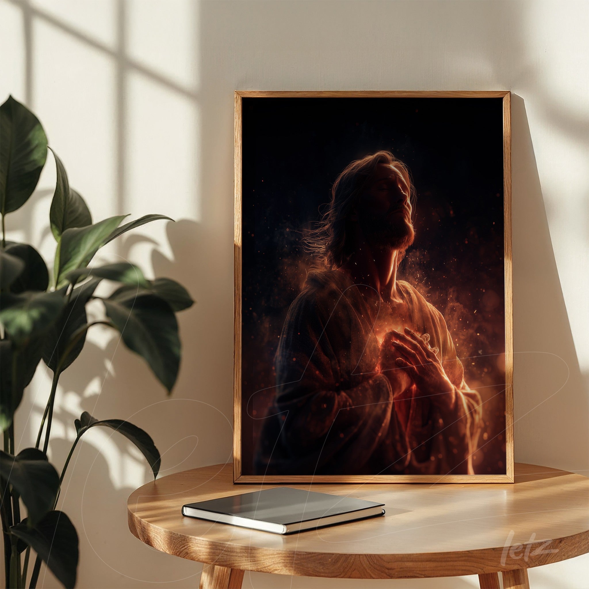 digital artwork depicting a devotional figure of Jesus in light wood frame