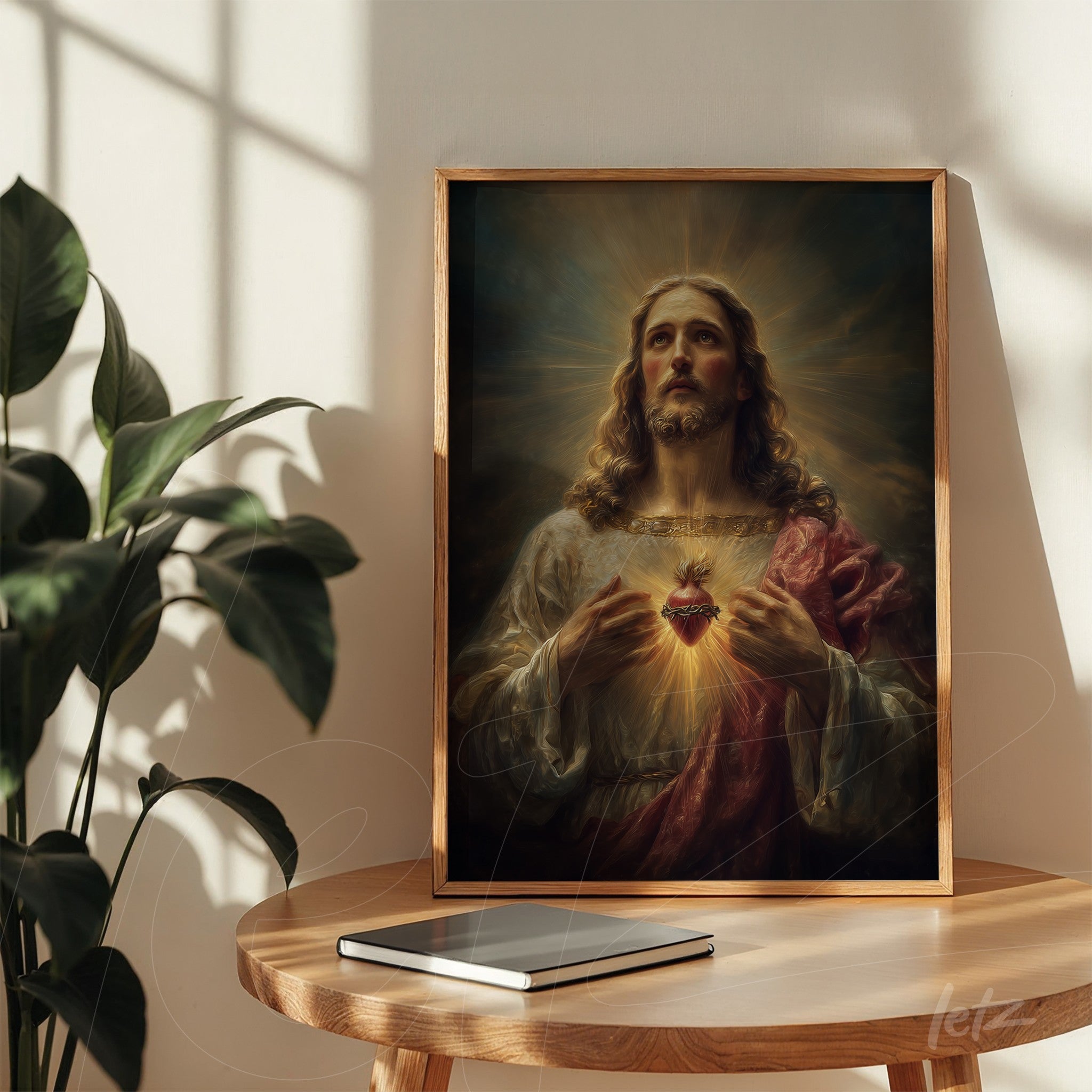 framed artwork of Jesus Christ presenting the Sacred Heart, displayed on a wooden table in a naturally lit setting