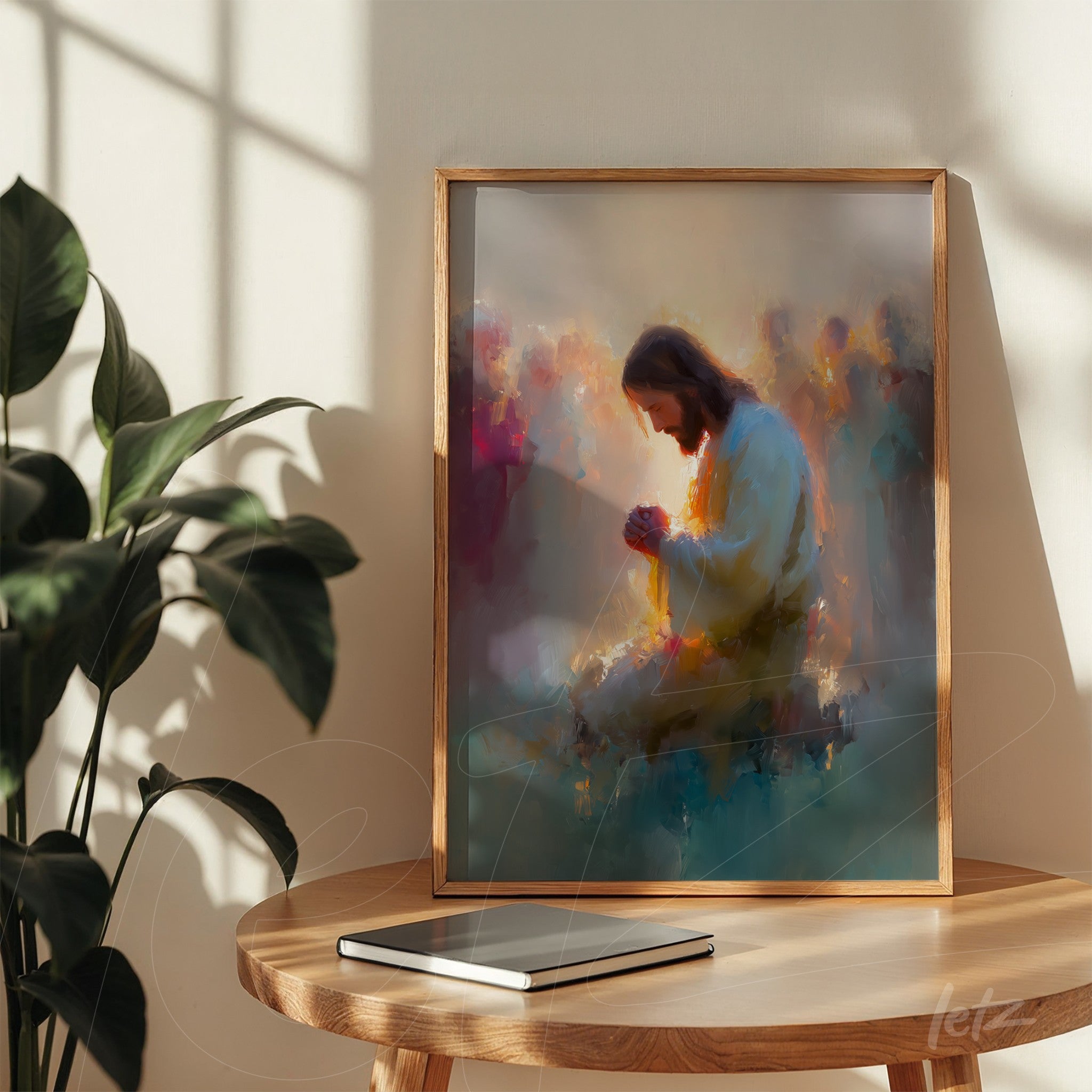 framed abstract art depicting jesus in prayer with a light wood frame