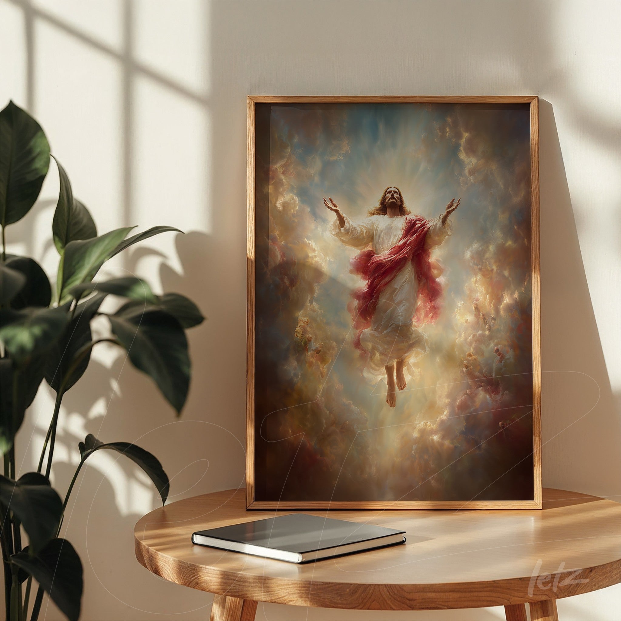 religious art piece of ascendant jesus against heavenly background with light wood frame