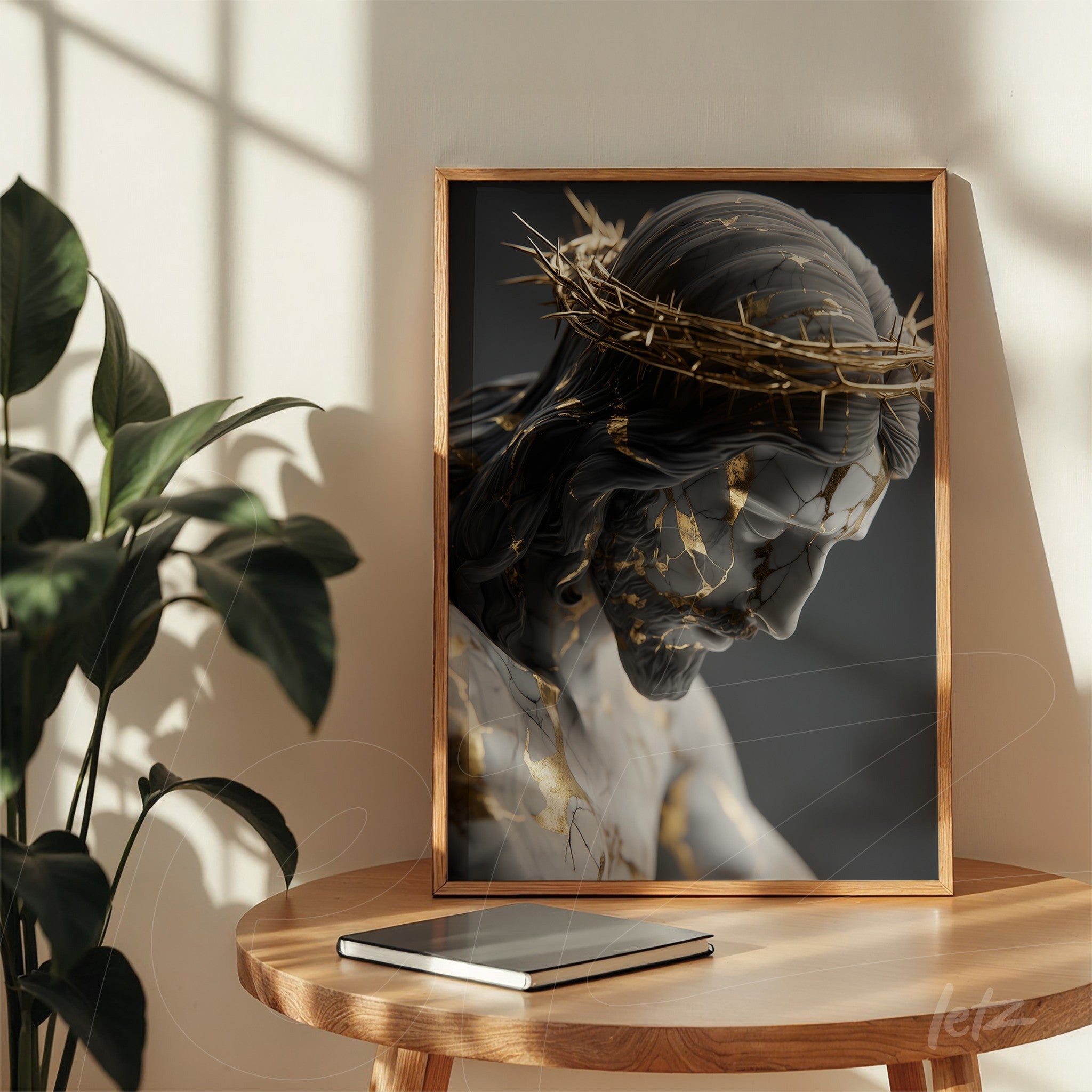 framed artwork depicting a digital representation of Christ with gold accents, displayed on a wooden table