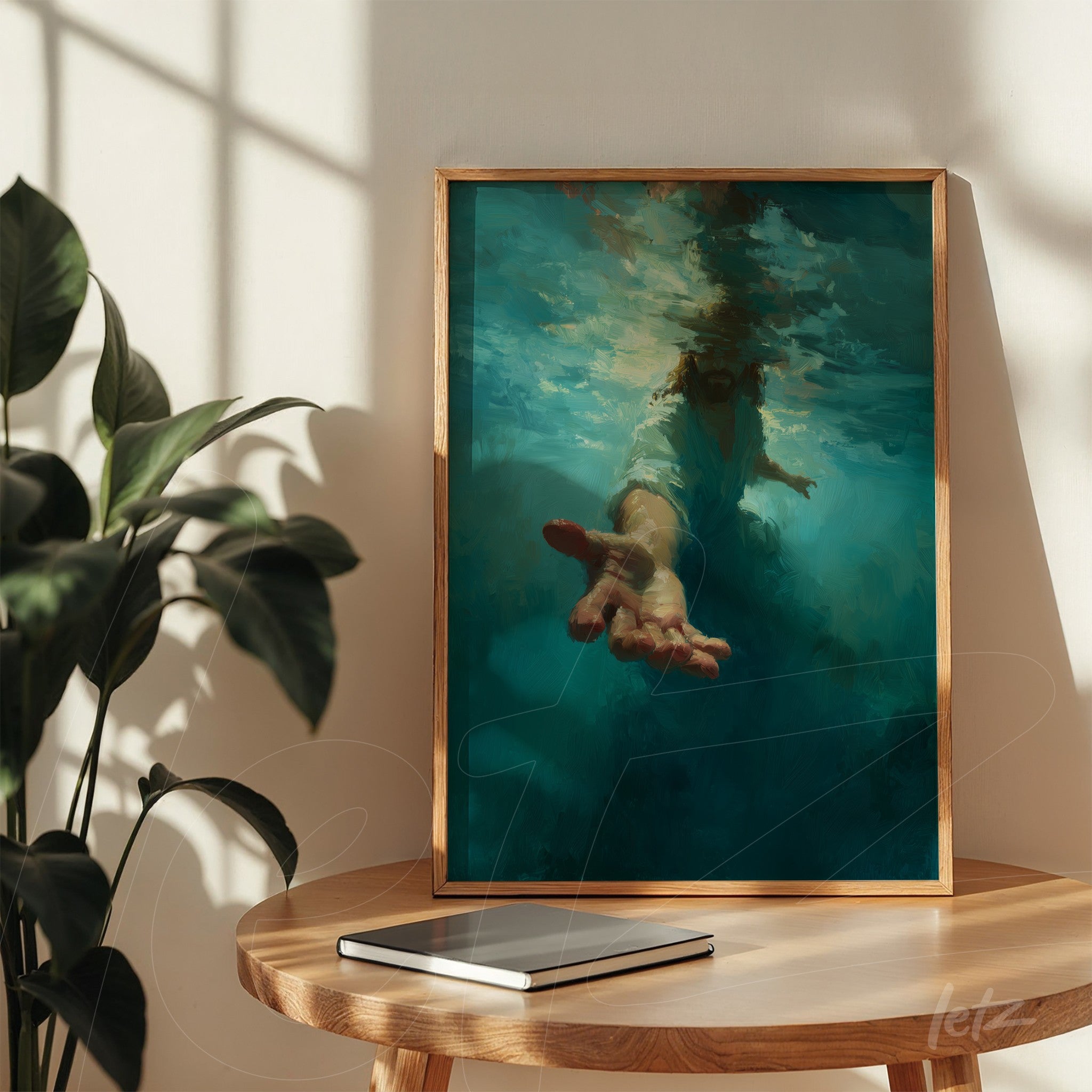 framed wall art featuring a hand emerging from water in a light wood frame