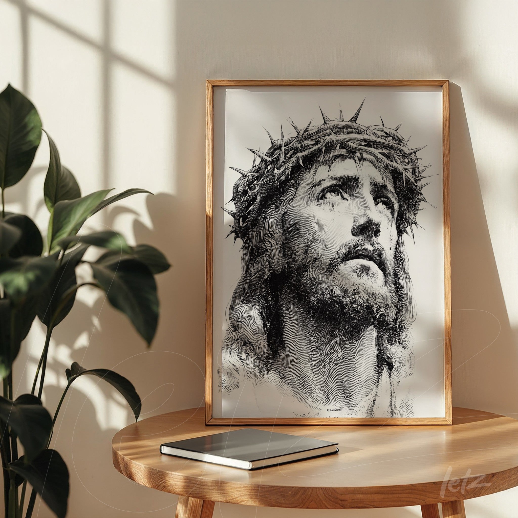 framed black and white art of Jesus' face with a crown of thorns in a light wood frame