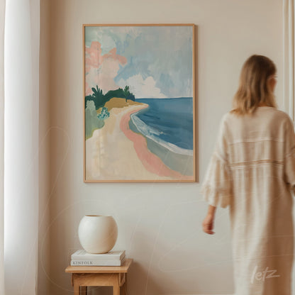 framed abstract beach landscape art with soft colors on neutral wall