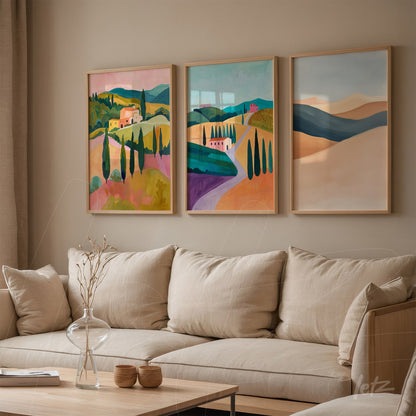 series of framed art depicting colorful landscapes of hills and villages with light wood frames