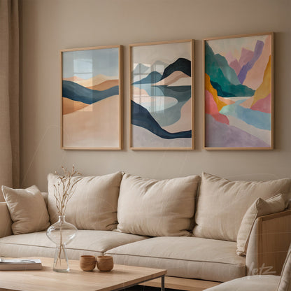 set of three abstract art pieces in light wood frames displayed on a neutral wall next to a beige sofa