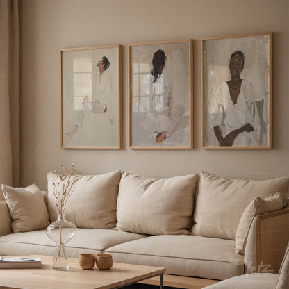 collection of three decorative wall art pieces featuring female portraits in light frames on a neutral wall above a soft-toned sofa