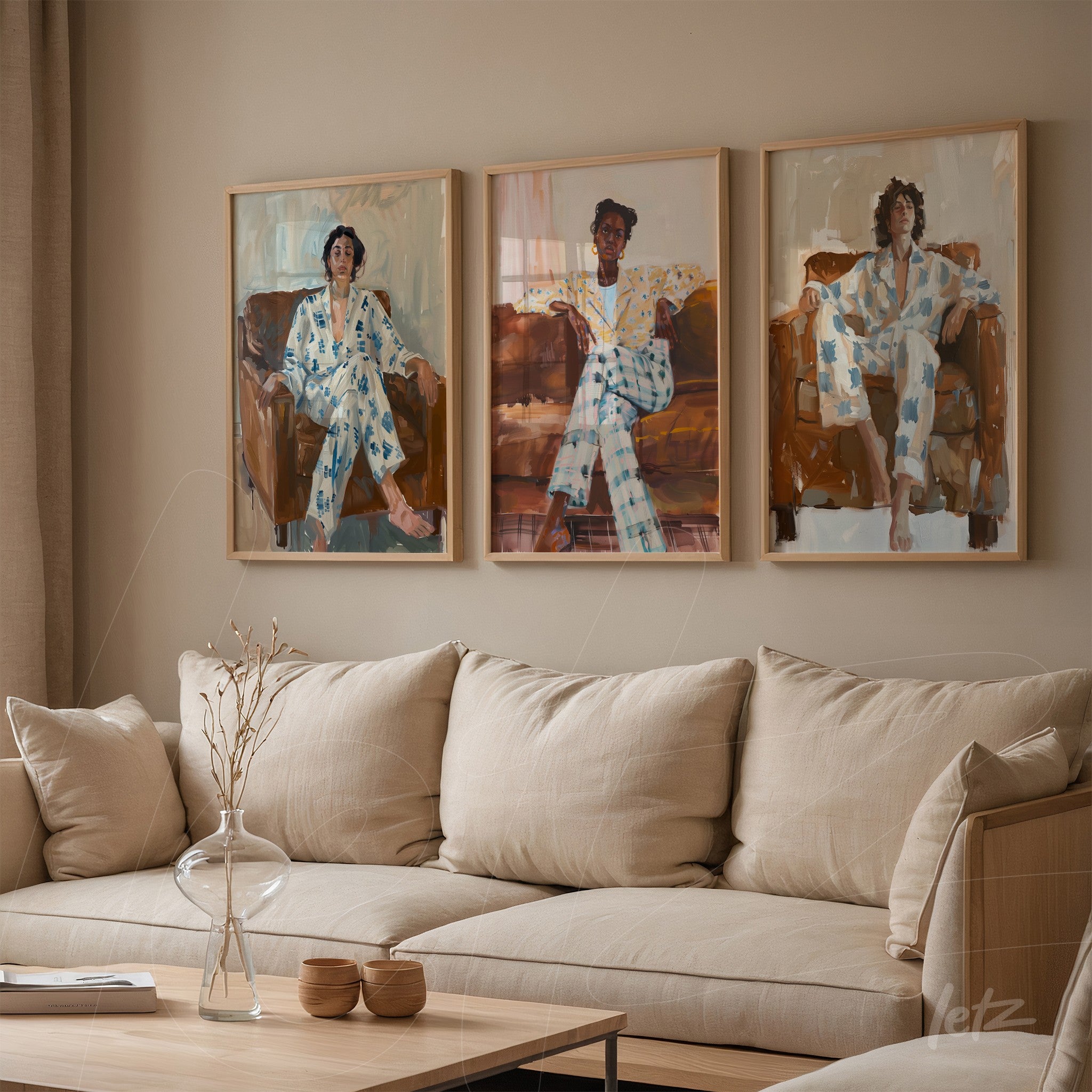 series of decorative framed artworks featuring portraits of individuals in casual attire on a beige sofa