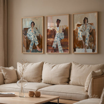 series of decorative framed artworks featuring portraits of individuals in casual attire on a beige sofa
