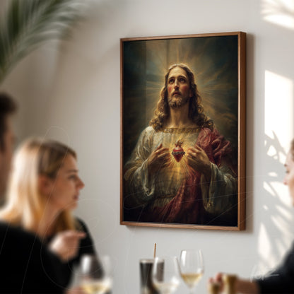 religious artwork featuring jesus christ holding the sacred heart in a dark wooden frame