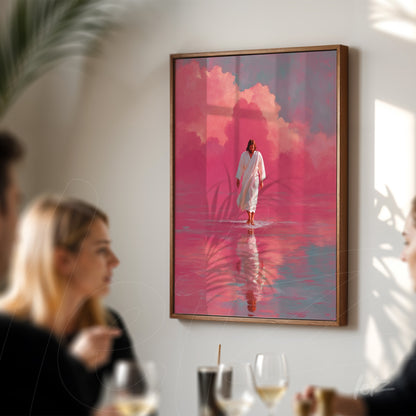framed digital art of a mystical figure walking on water reflecting pink clouds and soft background with light wood frame