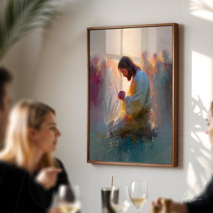 framed abstract art depicting a contemplative male figure with a soft background and light colors