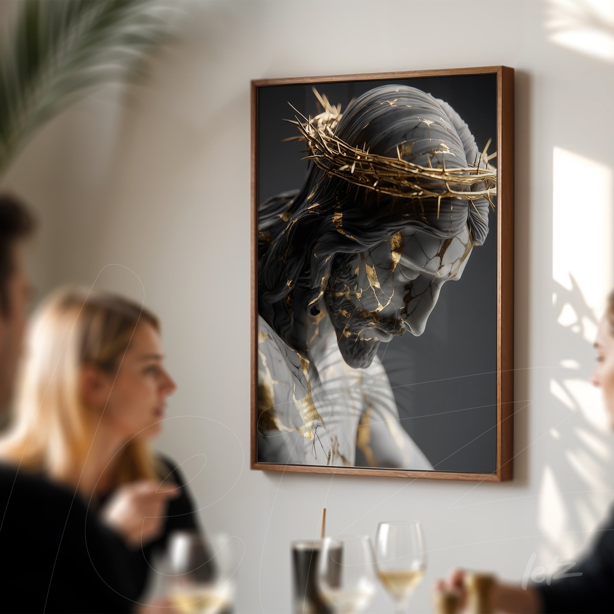 framed artwork featuring a striking representation of Christ with a crown of thorns, detailed with golden accents against a dark background