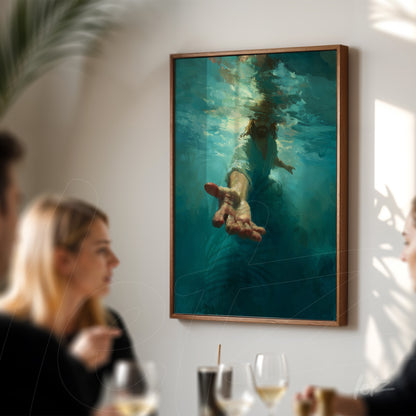 canvas artwork featuring a surrealist depiction of a submerged figure reaching out with an extended hand in a light wooden frame
