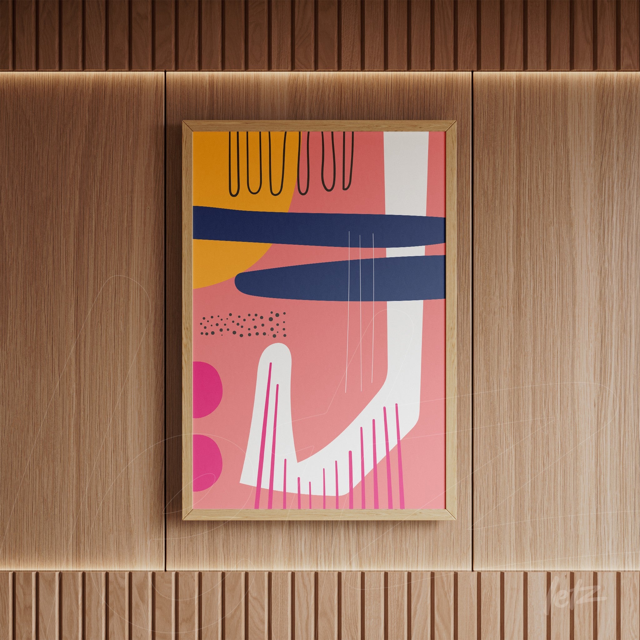 quadro de arte boho com formas abstratas em cores modernas emoldurado em madeira sobre parede de madeira