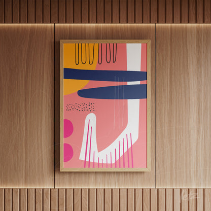 quadro de arte boho com formas abstratas em cores modernas emoldurado em madeira sobre parede de madeira