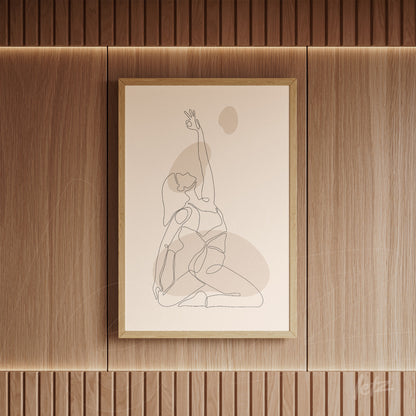 continuous line art of a female figure in a stretching pose, displayed in a light wood frame on a wooden wall