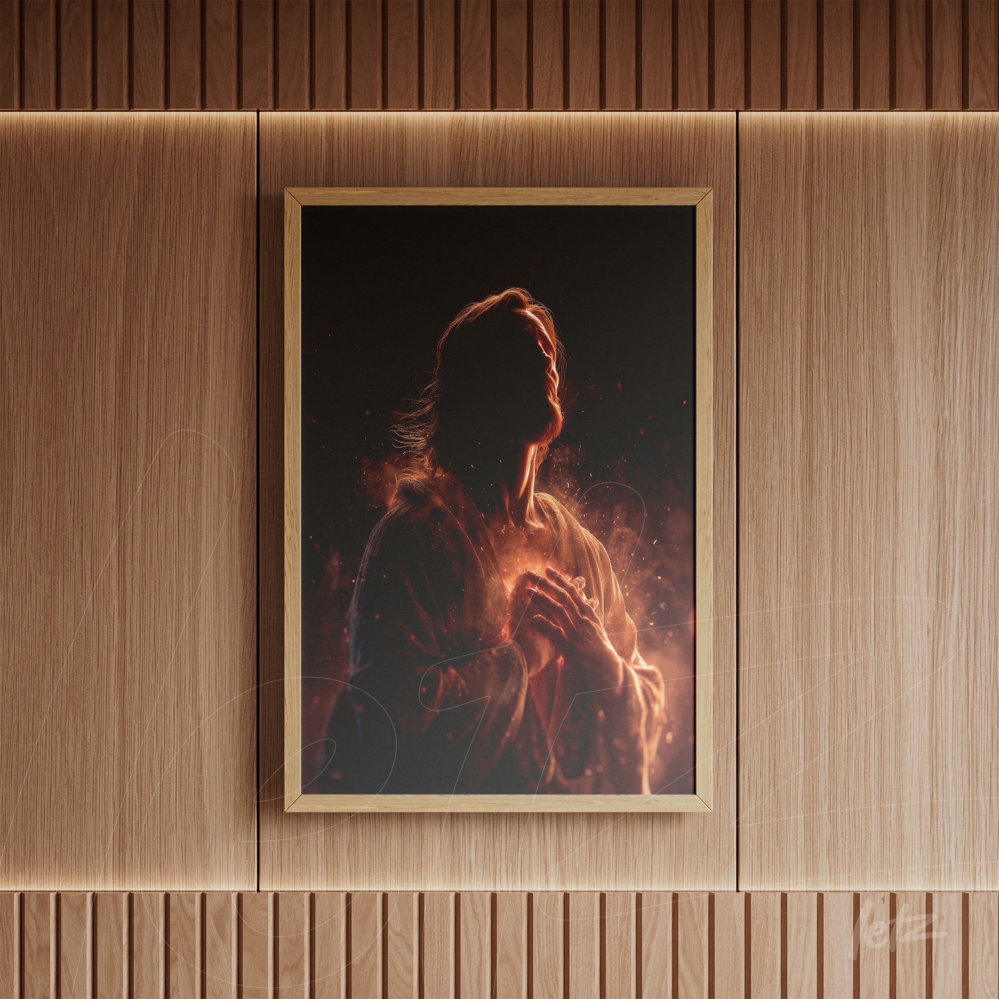 framed wall art of a sacred figure in warm tones, displayed in a thin gold frame