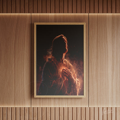 framed wall art of a sacred figure in warm tones, displayed in a thin gold frame