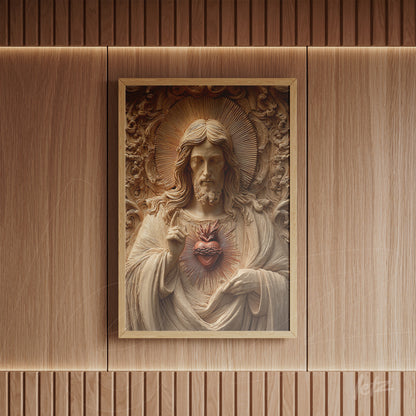 framed wall art featuring a three-dimensional sculpture of Jesus Christ with the Sacred Heart in light wood frame