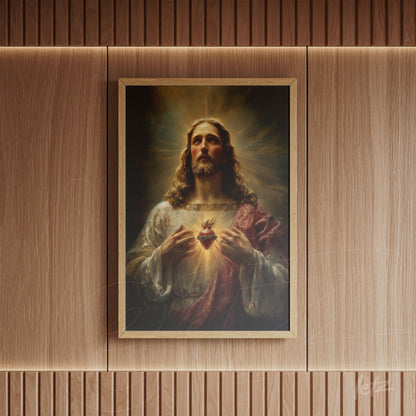 religious art print featuring a portrait of Jesus Christ displaying the Sacred Heart in a light wooden frame