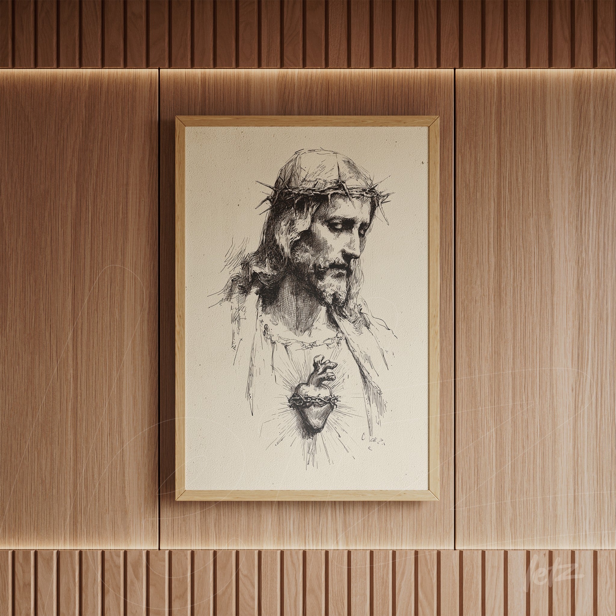framed wall art depicting jesus christ with a crown of thorns in a light frame