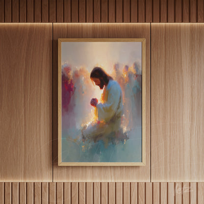 framed ethereal artwork of a figure in prayer with light colors on wooden wall paneling