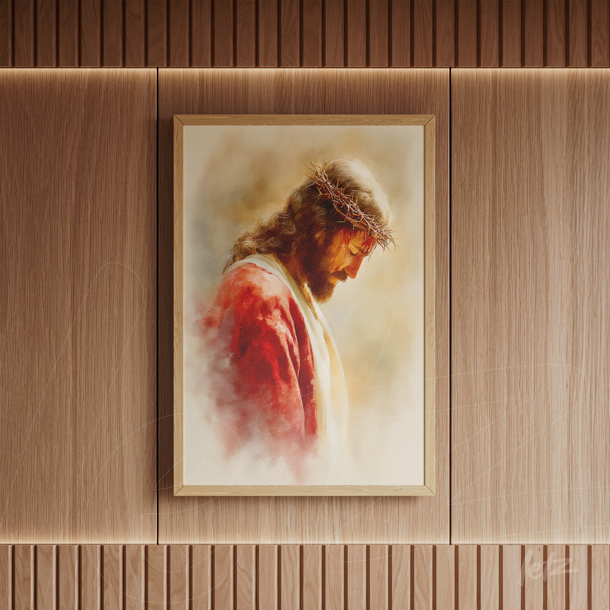 framed artwork depicting Jesus with a crown of thorns on light wooden wall