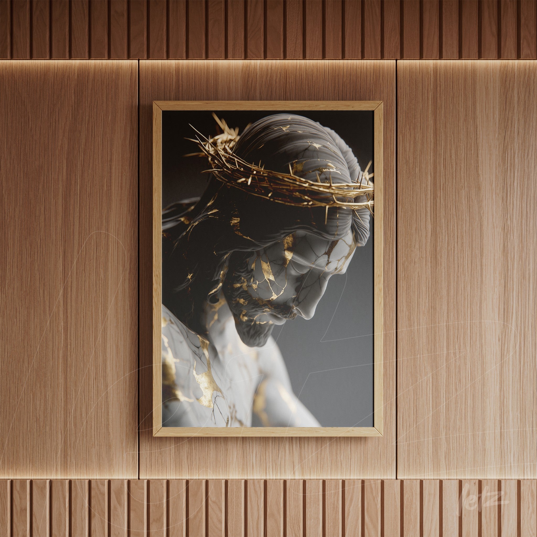 framed artwork featuring a sculpture of jesus christ with golden details against a dark background