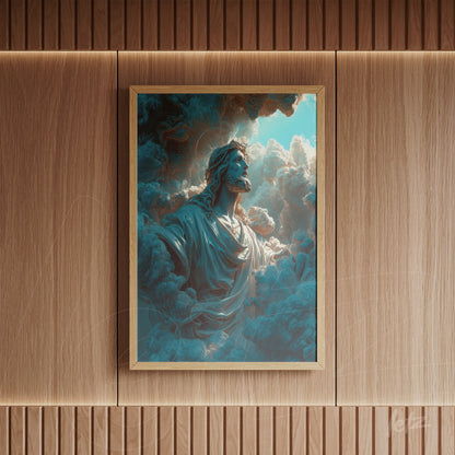 framed artwork of a celestial figure surrounded by clouds with a golden frame