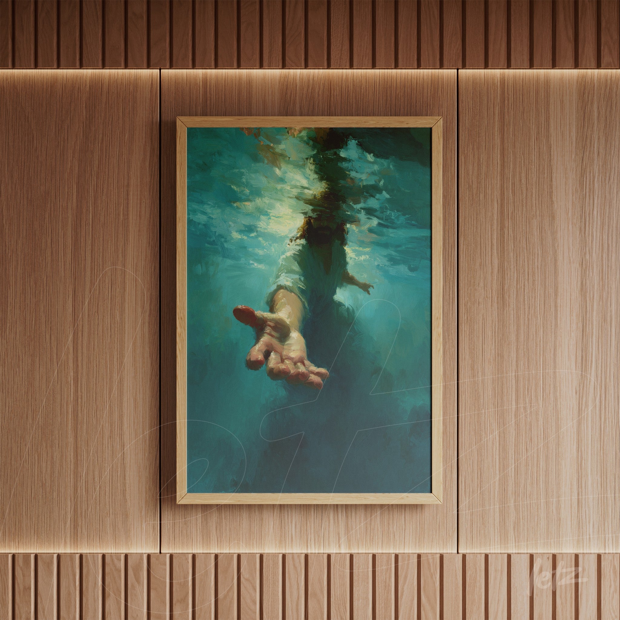 abstract art piece featuring a hand emerging from water in a light wood frame