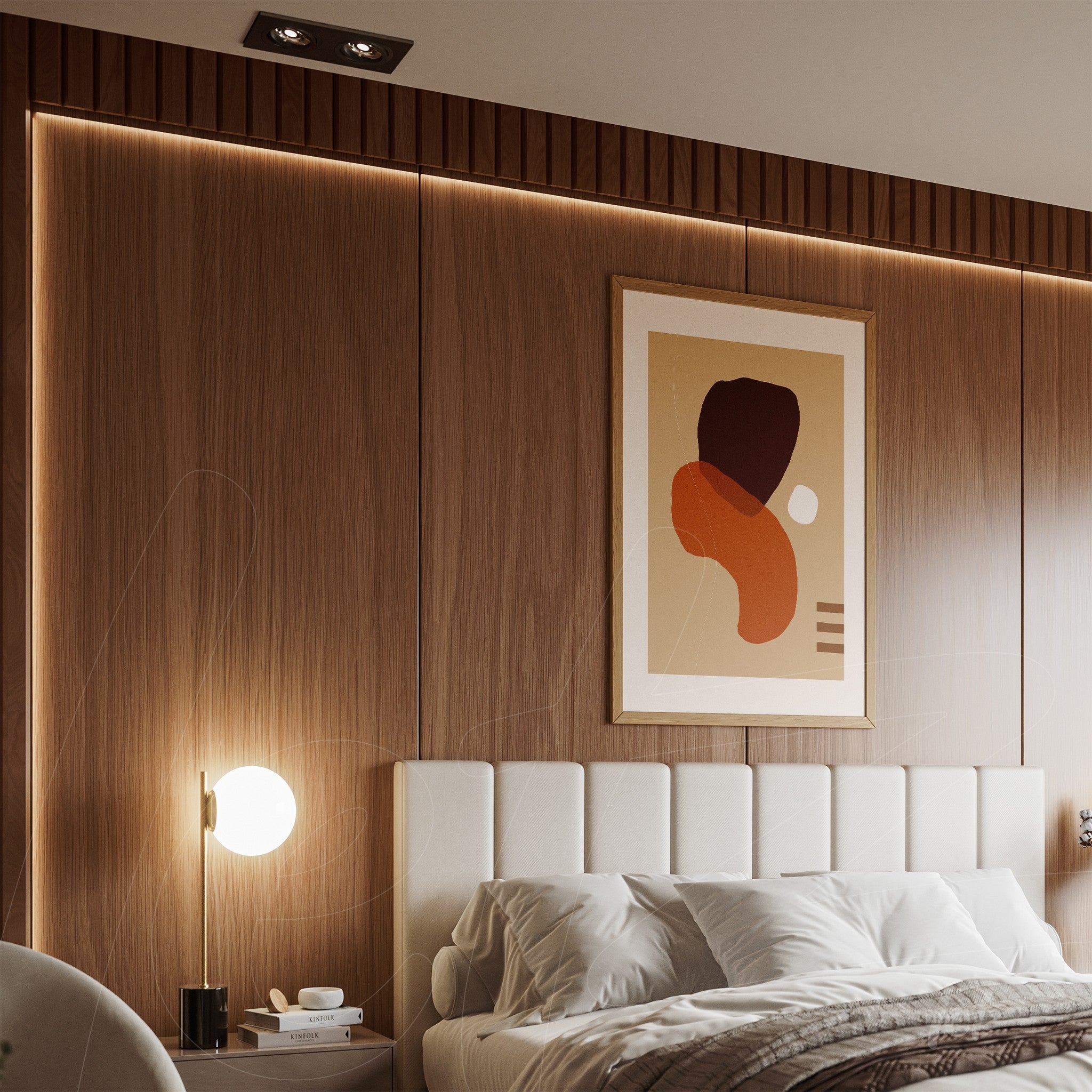 abstract framed art with brown and orange geometric shapes displayed on wooden panel in modern bedroom