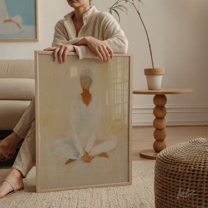 framed artwork of an abstract meditating figure in light wood frame displayed beside a round table